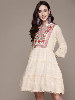 Anubhutee - Women Off White Floral Embroidered Cotton A-Line Dress