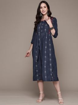 Anubhutee - Women Navy Blue Self Design Embroidered Detail Midi Dress