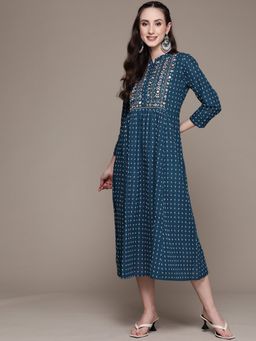 Anubhutee - Women Teal Embroidered Mirror Work Cotton A-Line Midi Dress