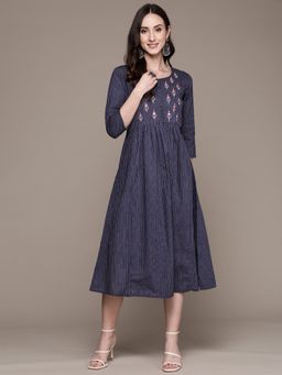Anubhutee - Women Navy Blue Striped Embroidered Detail A-Line Midi Dress