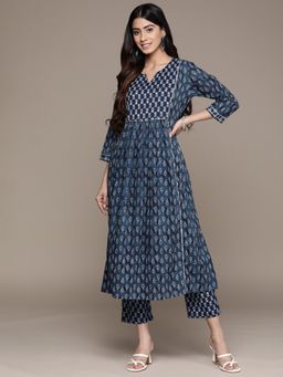 Anubhutee - Women Navy Blue Sequined Floral Cotton A-Line Kurta with Trousers (Set of 2)