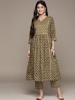 Anubhutee - Women Green Sequined Floral Pure Cotton A-Line Kurta with Trousers (Set of 2)