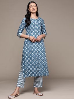 Anubhutee - Women Blue Floral Cotton Straight Kurta with Trousers (Set of 2)