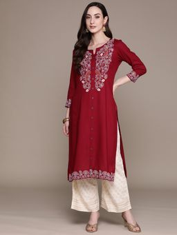 Anubhutee - Women Maroon Embroidery Kurta with Palazzo (Set of 2)