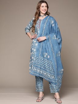 Anubhutee - Women Blue Floral Cotton Kurta with Trousers & Dupatta (Set of 3)