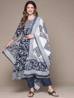 Anubhutee - Women Blue Ethnic Motifs Floral Cotton Kurta with Trousers & Dupatta (Set of 3)