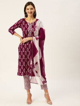 Anubhutee - Women Pink Floral Cotton Kurta with Trousers & Dupatta (Set of 3)
