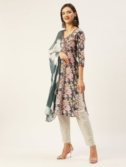 Anubhutee - Women Green Floral Cotton Kurta with Trousers & Dupatta (Set of 3)