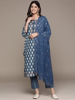 Anubhutee - Women Blue Floral Gotta Patti Kurta with Trousers & Dupatta (Set of 3)
