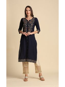 Anubhutee - Women Navy Blue Yoke Design Straight Kurta