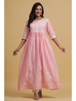 Anubhutee - Women Pink Floral Yoke Design Cotton Kurta with Trousers (Set of 2)