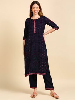 Anubhutee - Women Navy Blue Embroidered Kurta with Trousers (Set of 2)