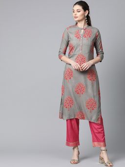 Anubhutee - Women Grey Printed Kurta with Trousers (Set of 2)