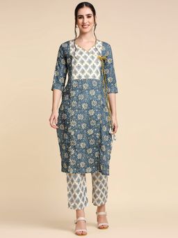 Anubhutee - Women Blue Printed Angarkha Pure Cotton Kurta with Trousers (Set of 2)