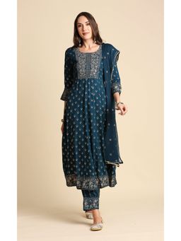 Anubhutee - Women Navy Ethnic Motifs Embroidered Kurta with Trousers & Dupatta (Set of 3)