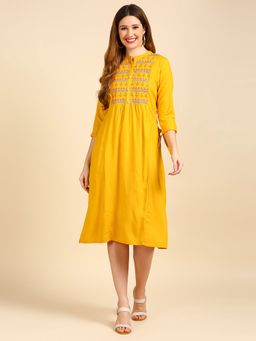 Anubhutee - Mustard Yellow Ethnic Motifs Embroidered Ethnic A-Line Midi Dress