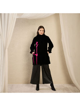 First Resort by Ramola Bachchan - Black and Pink Hand Embroidered Velvet Overcoat