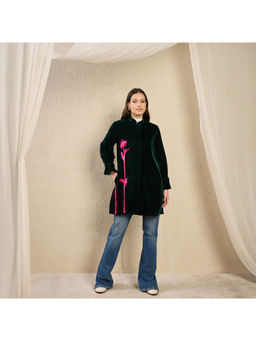 First Resort by Ramola Bachchan - Green and Pink Hand Embroidered Velvet Overcoat