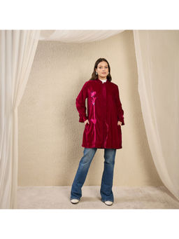 First Resort by Ramola Bachchan - Magenta and Pink Hand Embroidered Velvet Overcoat