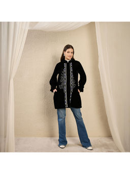 First Resort by Ramola Bachchan - Black and White Deodar Hand Embroidered Velvet Overcoat