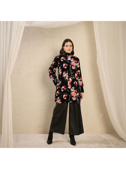 First Resort by Ramola Bachchan - Black and Red Floral Printed Velvet Overcoat