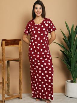 Kanvin - Maroon Polka Dots Printed Pure Cotton Maxi Nightdress