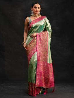 Libas - Women Green Silk Blend Woven Saree with Unstitched Blouse