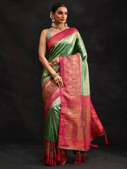 Libas - Women Green Silk Blend Woven Saree with Unstitched Blouse
