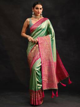Libas - Women Green Silk Blend Woven Saree with Unstitched Blouse