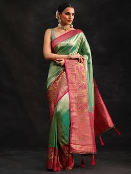Libas - Women Green Silk Blend Woven Saree with Unstitched Blouse