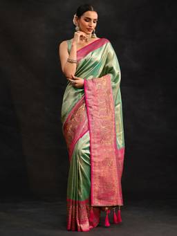 Libas - Women Green Silk Blend Woven Saree with Unstitched Blouse