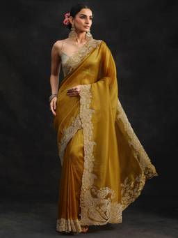 Libas Art - Women Mustard Net Embellished/Sequined Saree with Unstitched Blouse