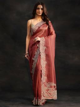 Libas Art - Women Copper Net Embroidered Saree with Unstitched Blouse