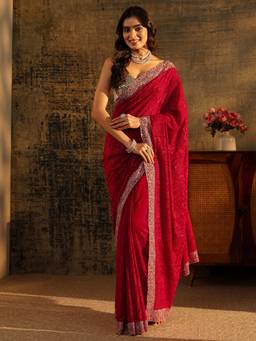 Libas Art - Women Red Georgette Embellished/Sequined Saree with Unstitched Blouse