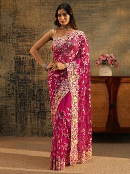 Libas Art - Women Pink Net Embellished/Sequined Saree with Unstitched Blouse