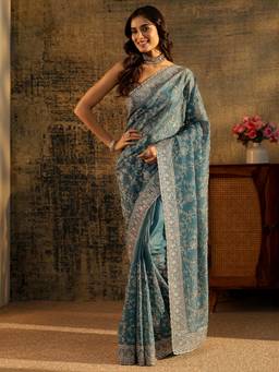 Libas Art - Women Blue Satin Embroidered Saree with Unstitched Blouse