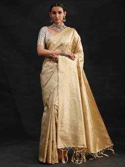 Libas - Women Cream Silk Blend Woven Saree with Unstitched Blouse