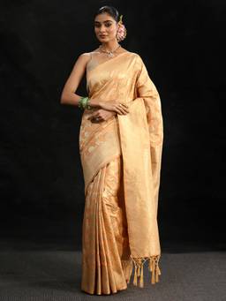 Libas - Women Gold Silk Blend Woven Saree with Unstitched Blouse