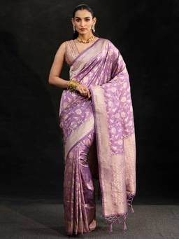 Libas - Women Lavender Silk Blend Woven Saree with Unstitched Blouse