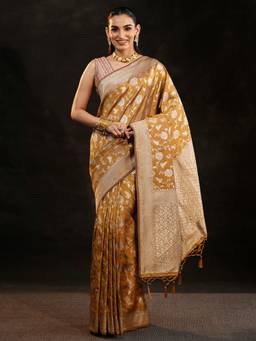 Libas - Women Mustard Silk Blend Woven Saree with Unstitched Blouse