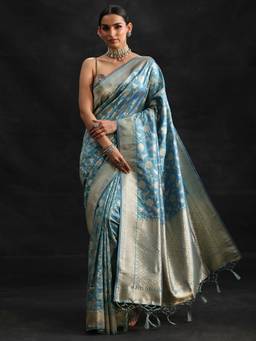 Libas - Women Blue Silk Blend Woven Saree with Unstitched Blouse