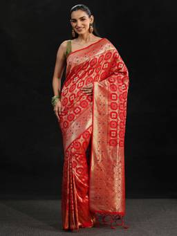 Libas - Women Red Silk Blend Woven Saree with Unstitched Blouse