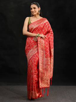 Libas - Women Red Silk Blend Woven Saree with Unstitched Blouse