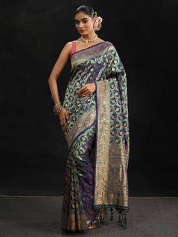 Libas - Women Navy Blue Silk Blend Woven Saree with Unstitched Blouse