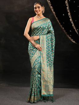 Libas - Women Green Silk Blend Woven Saree with Unstitched Blouse