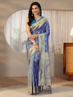 Libas - Women Blue Silk Blend Woven Saree with Unstitched Blouse