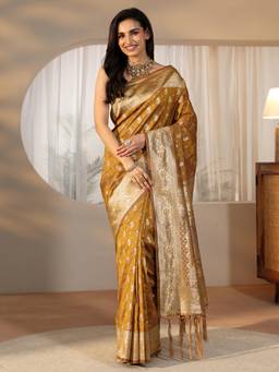 Libas - Women Mustard Silk Blend Woven Saree with Unstitched Blouse