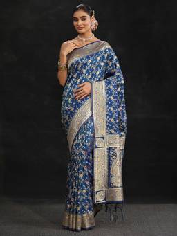 Libas - Women Navy Blue Silk Blend Woven Saree with Unstitched Blouse