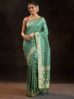 Libas - Women Green Silk Blend Woven Saree with Unstitched Blouse