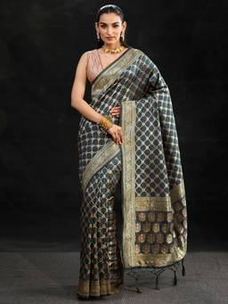Libas - Women Navy Blue Silk Blend Woven Saree with Unstitched Blouse